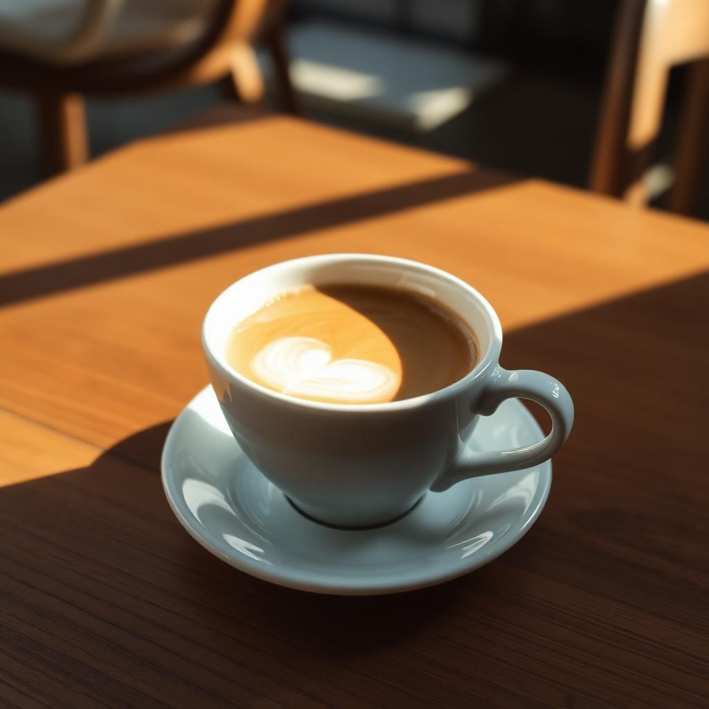 A white coffee on a sunlit cafe table